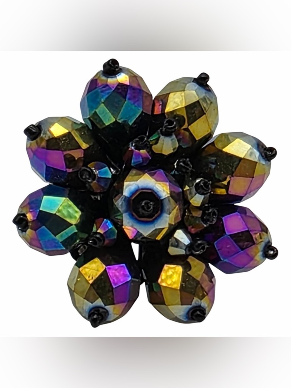 Runway Iridescent Crystal Flower Stretch Ring Gunmetal Statement Cocktail Luxe